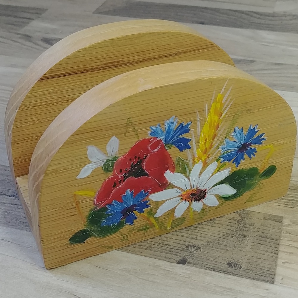 Vintage Wood Floral Handmade Hand Painted Napkin Holder Signed